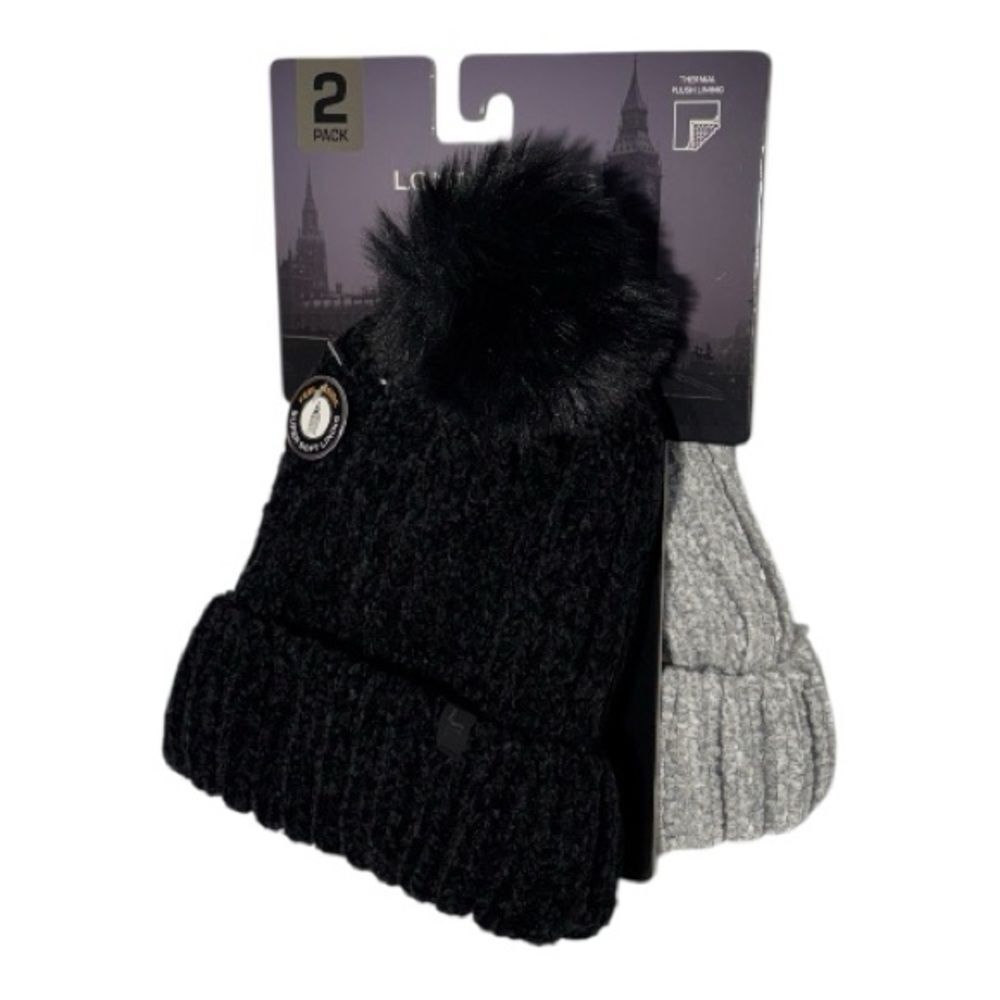 London Fog 2 pack soft knit pom pom black and grey Beanies